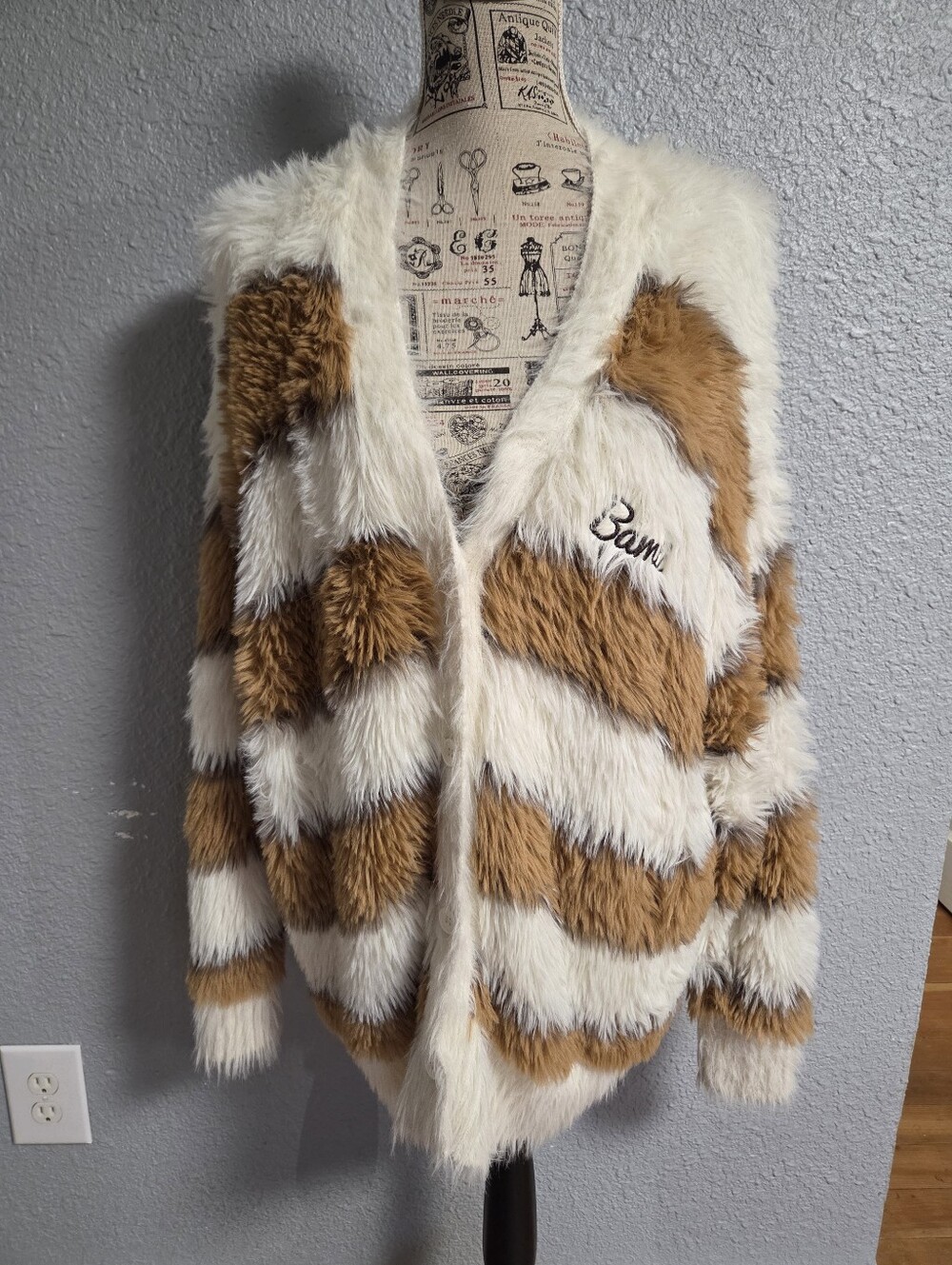 Disney Bambi Faux Fur Cardigan Cozy Sweater Brown White Embroidered
